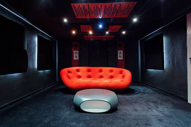 View of red sofa in the basement