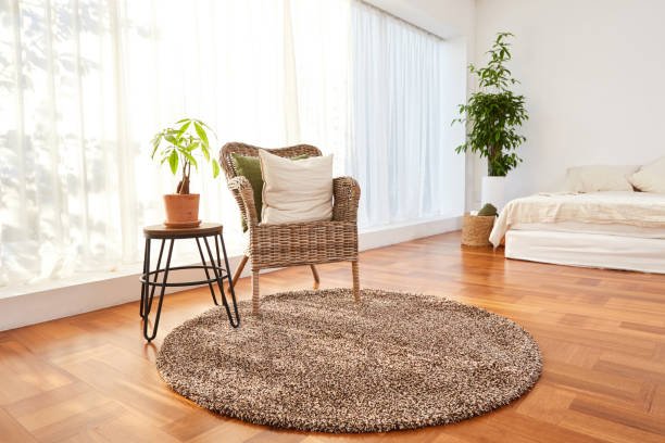 Bed and rug in a well-lit bedroom